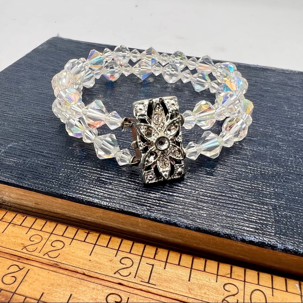 Vintage 2-strand crystal bead bracelet rhinestone clasp aurora borealis